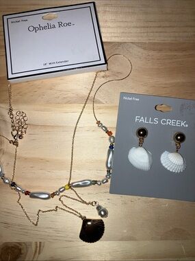 Falls Creek White Shell Drop Earrings with Gold-Tone Studs & Necklace New